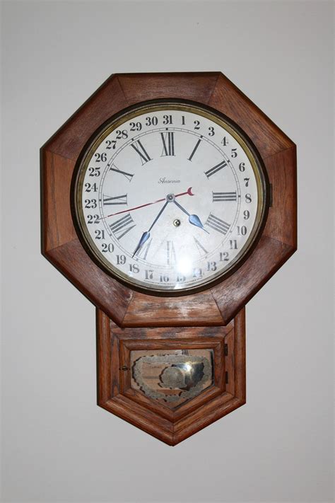 Antique Ansonia Wall Clock 8 Day Short Drop Calendar Oak Case