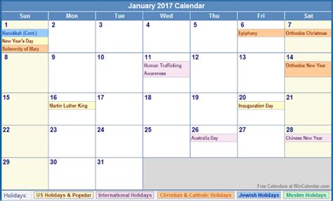 January 2017 Calendar Printable Holidays Pdf Word
