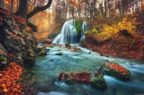 Waterfall In Autumn Forest Silver Stream Waterfall Autumn In The