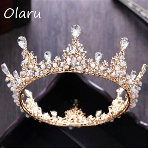 Olaru Luxury Simulated Pearl Vintage Gold Wedding Crown Alloy Bridal