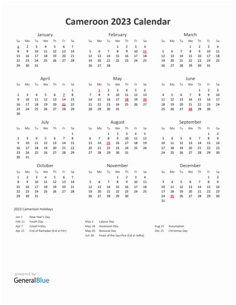 2023 Cameroon Calendar With Holidays