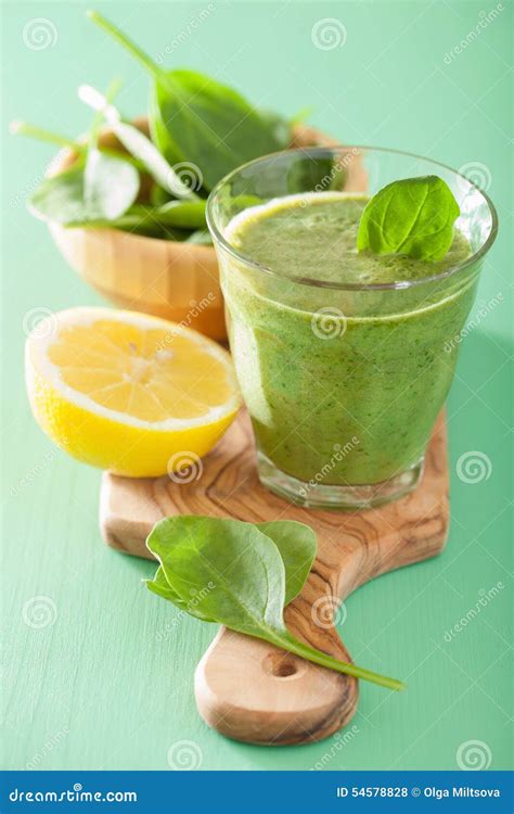Healthy Green Smoothie With Spinach Leaves Apple Lemon Stock Photo
