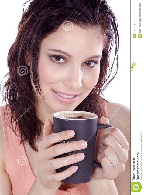 Beautiful Woman Drinking Coffee With Milk Foam Stock Image Image Of Fresh Coffe 39661275