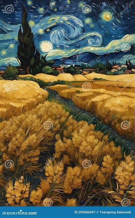 Wheatfield With Cypress Trees Under The Starry Night Stock Illustration
