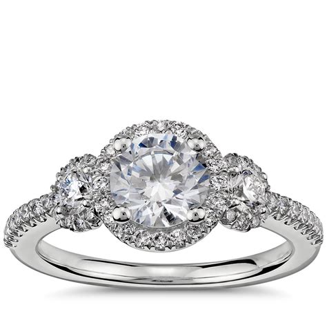 Three Stone Halo Diamond Engagement Ring In Platinum Blue Nile