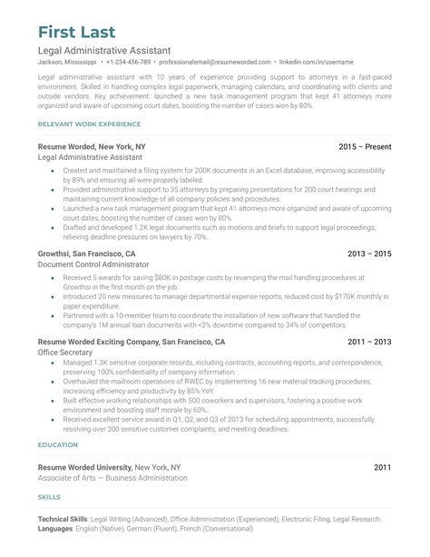 legal administrative assistant resume example for 2023 resume worded