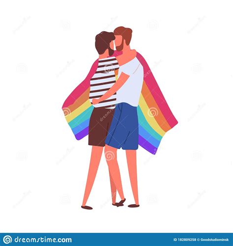 Homosexual Cartoon Male Couple Hugging Covering Rainbow Flag Vector