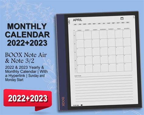Boox Note Air Templates Monthly Calendar 2022 And 2023 Etsy Australia