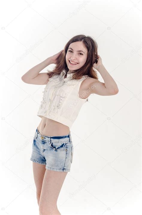 Cheerful Young Teen Girl In Denim Shorts ⬇ Stock Photo Image By