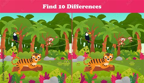 Find Ten Differences Printable Worksheet With Tropical Jungle Paradise
