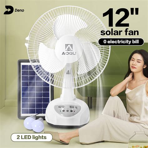 Solar Electric Fan 12 Inch Rechargeable 2 Led Lights 220v Ac Desktop