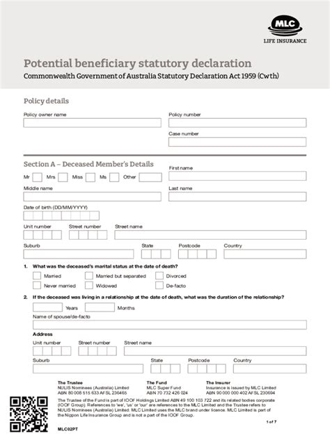 Form Au Mlc Potential Beneficiary Statutory Declaration Fill