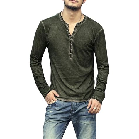 2018 Fashion Vintage Mens T Shirt Casual Long Sleeve Button V Neck T Shirt Men Summer Tops Solid