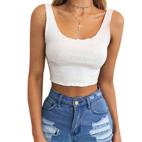 Women Casual U Neck Solid Color Sleeveless Midriff Baring Tank Crop Top Vest On