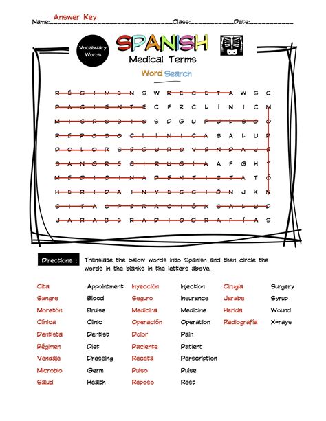 Spanish Medical Terms Vocabulary Word Search And Answer Key Made By
