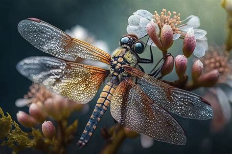 Dragonfly Resting On Colorful Spring Flowers Blooming Flowers With