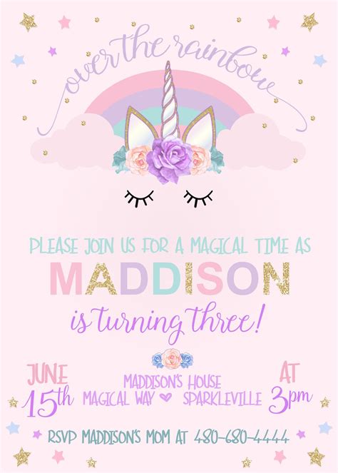 Unicorn Themed Birthday Party Invitation