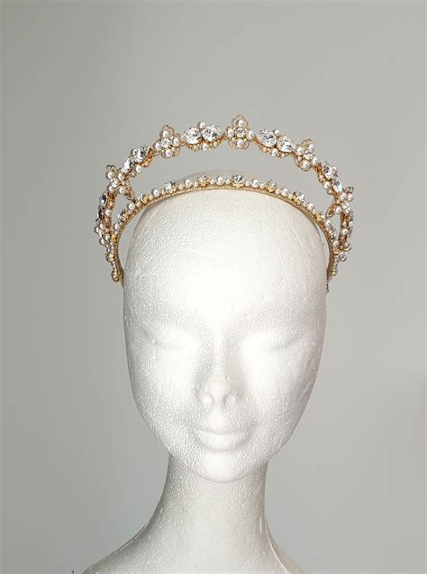 Kokoshnik Tiara With Pearls And Crystals Bridal Gold Crown Available