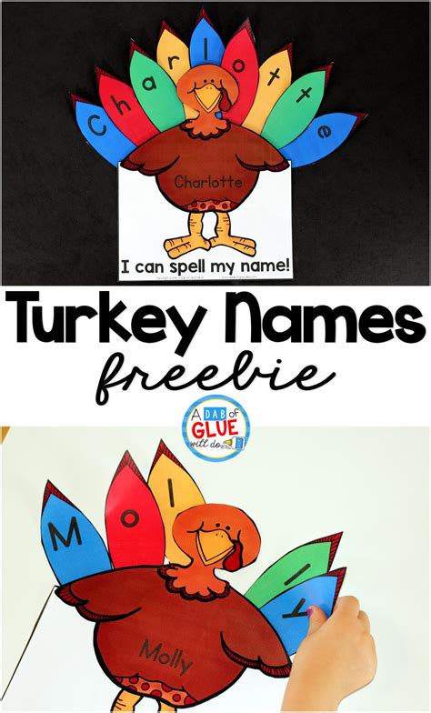 Thanksgiving name tag / turkey name tag. Turkey Names a Thankful Turkey Craft - A Dab of Glue Will Do