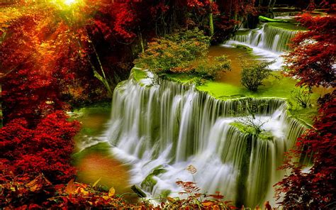 Hd Wallpaper Cascade Falls Autumn Forest Red Leaves Sunlight Desktop