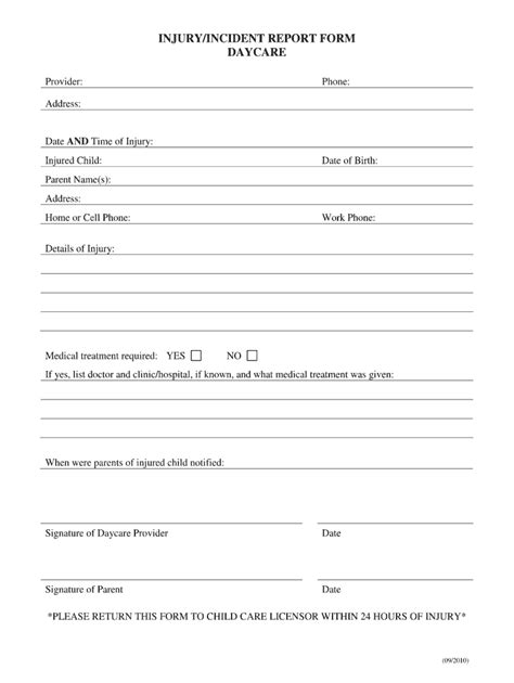 Injuryincident Report Form Daycare 2010 Fill And Sign Printable