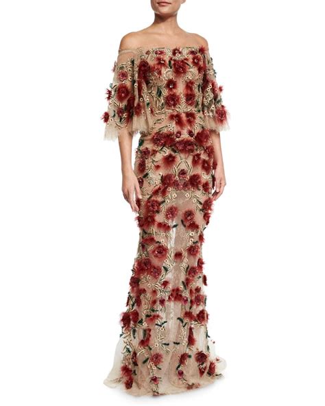 Marchesa Off The Shoulder Bell Sleeve Feather Gown Red Lace Evening