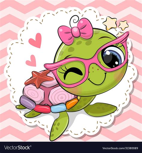 Cute Cartoon Turtle Girl In Pink Eyeglasses With A Bow Download A Free