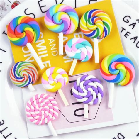 10pcs Polymer Clay Rainbow Color Lollipops Dollhouse Party Decoration