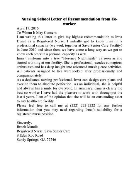 Coworker Recommendation Sample Letter Of Recommendation For Nurse