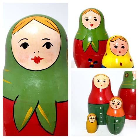Ussr Vintage Nesting Dolls Soviet Toy Miniature Red Babushka Button