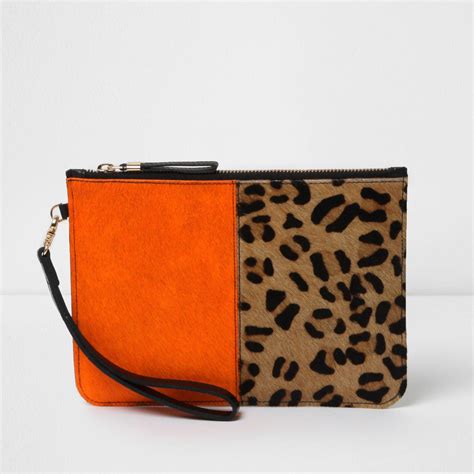 River Island Orange And Leopard Print Leather Clutch Bag Lyst