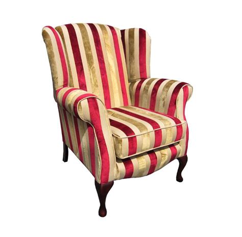 There are no armchairs with this set but i do have a rush. Queen Anne Chair in red and gold stripe fabric. Visit our ...