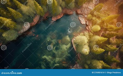 An Aerial View Of A Lake Surrounded By Trees And Rocks Stock