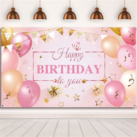 Buy Happy Birthday Banner Large Pink And Gold Birthday Backdrop Stars Balloons Golden Glitter