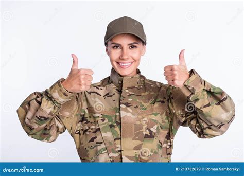 Photo Of Young Woman Happy Smile Soldier Army Officer Show Thumb Up Like Cool Advert Advice