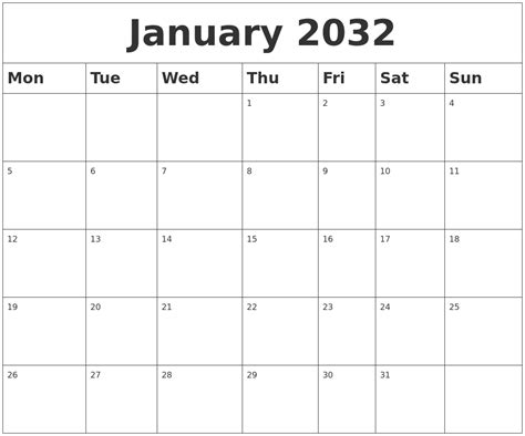 January 2032 Blank Calendar