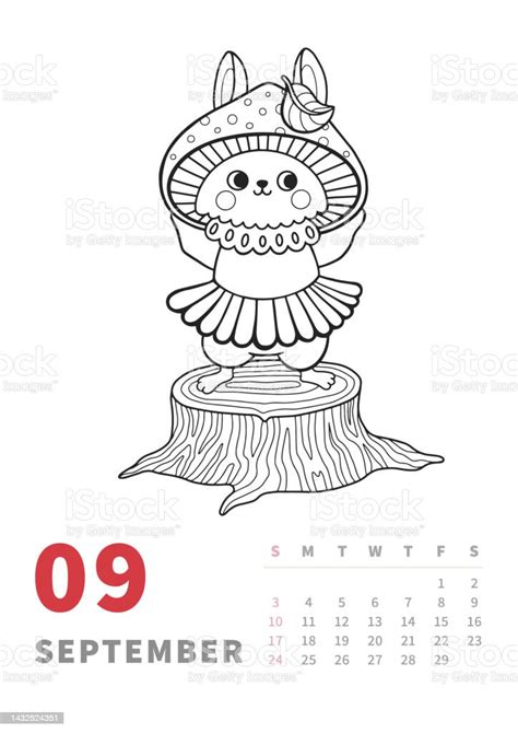 September 2023 Calendar Vertical Page Bunny In Mushroom Costume Outline