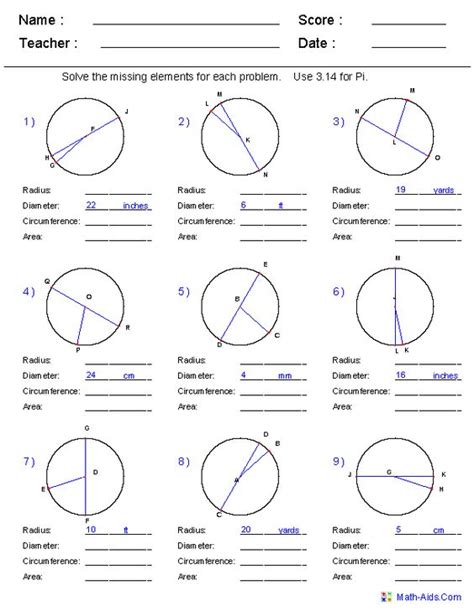Circumference Area Radius And Diameter Worksheets Math Aidscom