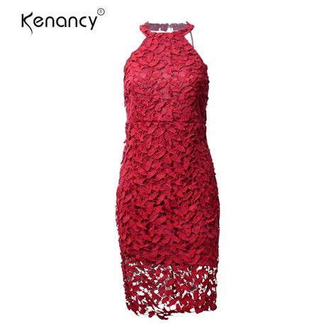 Kenancy Sexy Women Hang Neck Backless Hollowed Out Lace Slim Dress Carved Lace With Lined