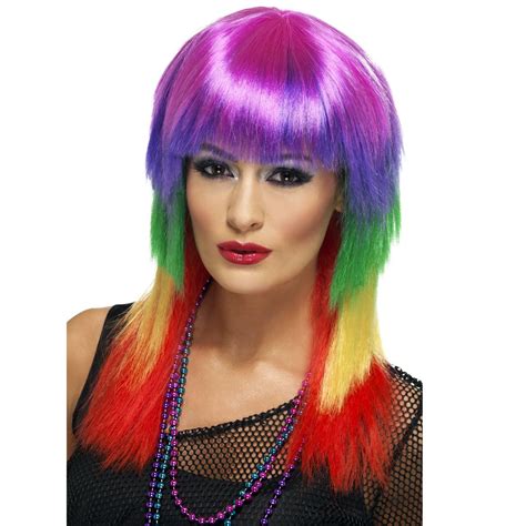 ladies 80s multi coloured female wig pop star neon fancy dress costume accessory fancy dress