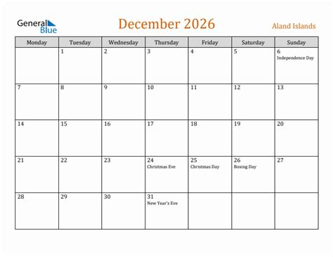 Free December 2026 Aland Islands Calendar