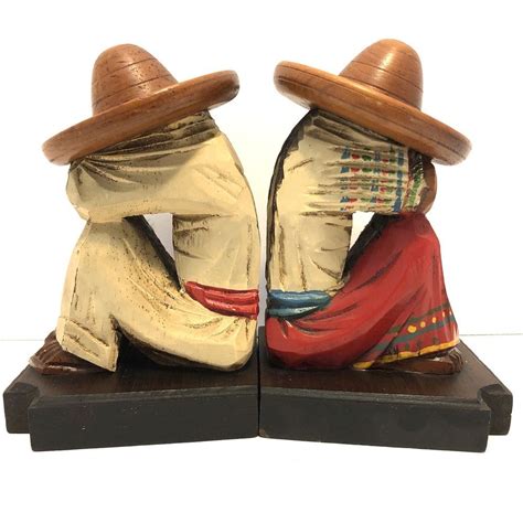 Carved Folk Art Wood Bookends Mexican Man Woman Siesta Sombrero Wood