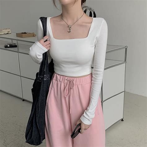Long Sleeve Square Neck Crop Top Korean Outfit Street Styles Fashion