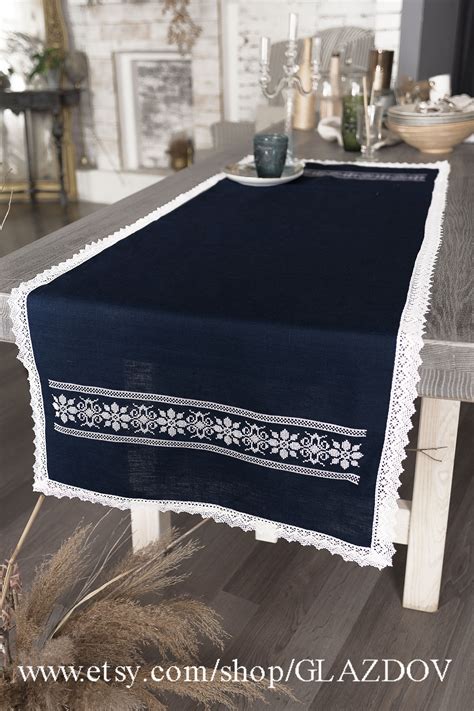 Dark Blue Table Runner With White Embroidered Pattern Etsy