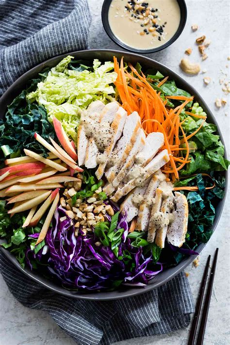 Combine the salad ingredients in a large bowl. Asian Chicken Salad with Ginger Sesame Dressing - Jessica Gavin