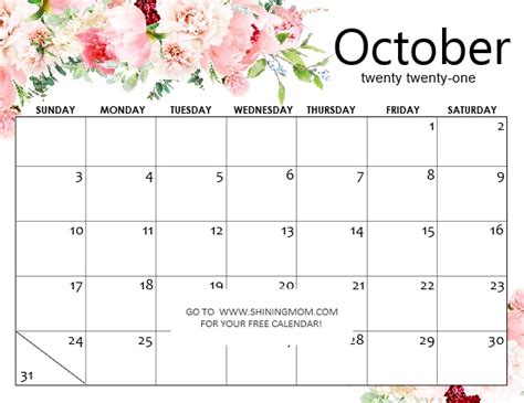 Free Printable October 2021 Calendar 12 Awesome Designs