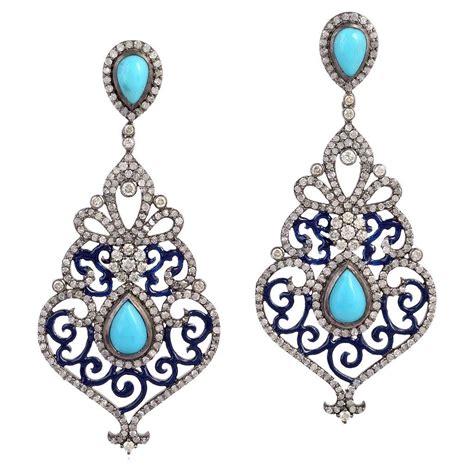 Antique French Enamel Turquoise Diamond Chandelier Earrings At 1stDibs