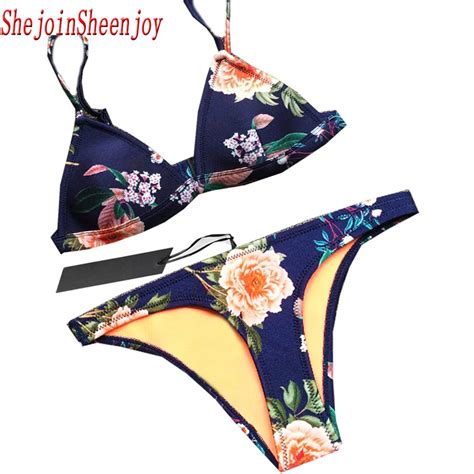 2017 Sexy Neoprene Bikinis Women Print Swimsuit Push Up Swimwear Fall Floral Bikini Set Halter
