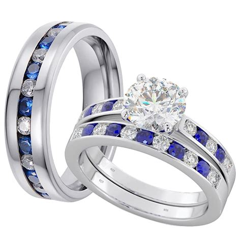 His And Hers Matching Blue Sapphire Wedding Couple Rings Set