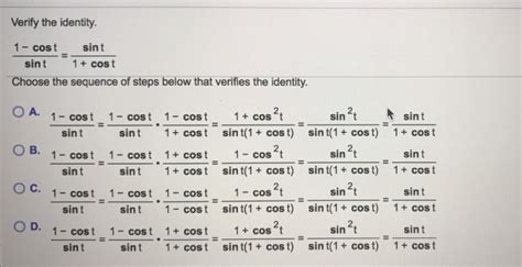 Solved Verify The Identity 1 Cost Sint Sint 1 Cost Choose